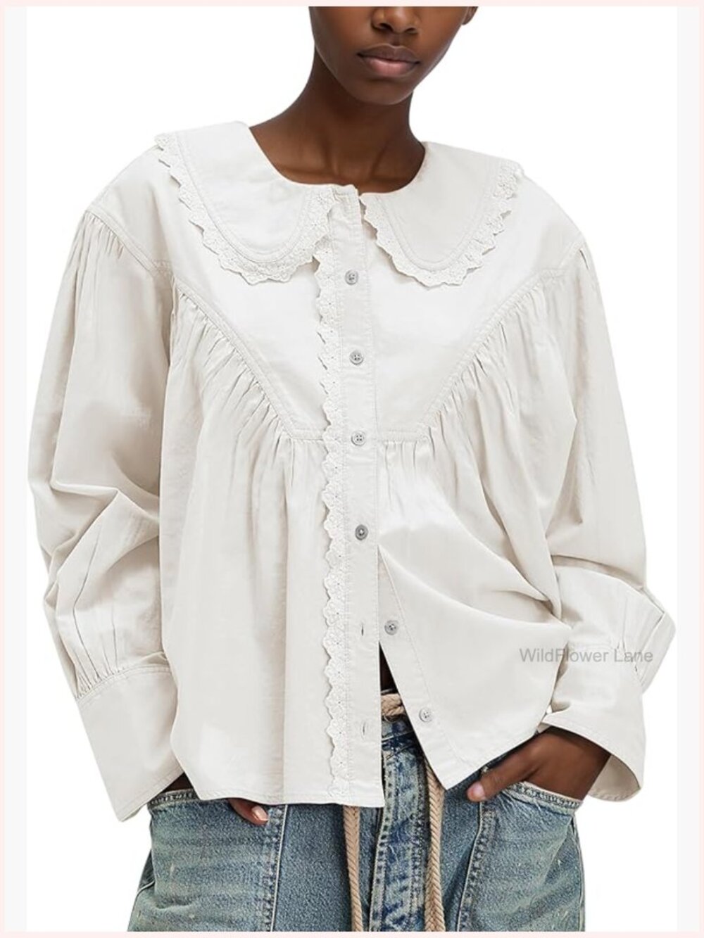 Cotton Button Down Blouse Lace Trim Loose Fit Peter Pan Collar Long Sleeve Work - Picture 1 of 7
